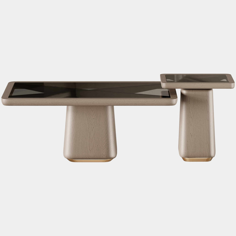 The Private Label Frank Centre Table in Age Brass Luxe Oak & Smoked Glass Top