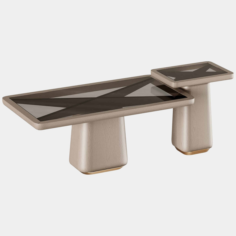 The Private Label Frank Centre Table in Age Brass Luxe Oak & Smoked Glass Top