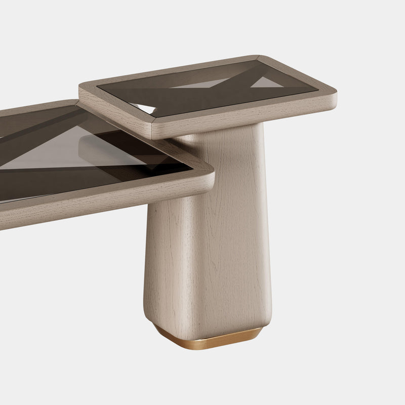 The Private Label Frank Centre Table in Age Brass Luxe Oak & Smoked Glass Top