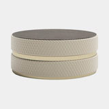 Luxury Upholstered Amaris Coffee Table: ivory diamond-quilted faux leather (Cat A), matt dark wood top, polished brass insert