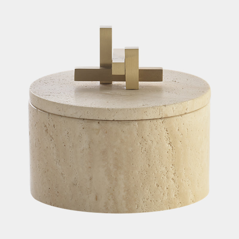 Metropolis Box Round White Travertine & Brass