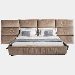 Visionnaire Palau Regular Bed: Modern luxury bed featuring a unique feather headboard for ultimate comfort. Upholstered frame with a matelassé effect and customisable metal finishes create a sophisticated and inviting bedroom haven.