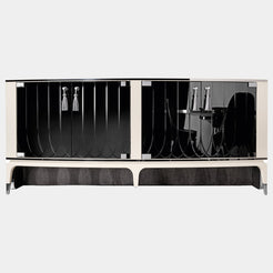 Visionnaire Palawan Cabinet: Modern luxury cabinet featuring curved engraved mirror doors (natural, bronze, or smoked finishes) and a black glass top.