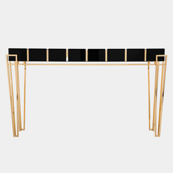 Polished Brass, Black Glass, Black Lacquer & Walnut Root Veneer Console Table