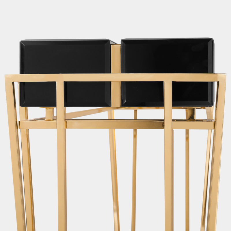 Polished Brass, Black Glass, Black Lacquer & Walnut Root Veneer Console Table