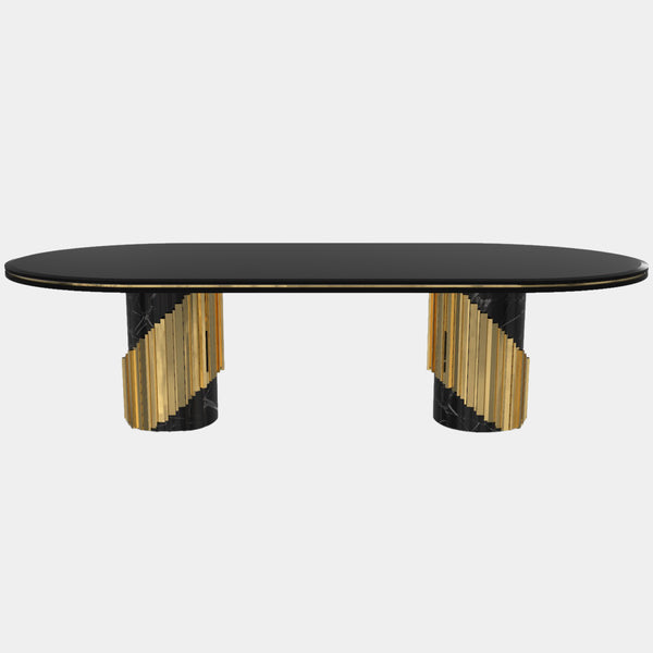Polished Brass, Black Lacquer, Marble Nero Marquina Oval Dining Table