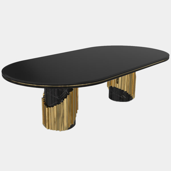 Polished Brass, Black Lacquer, Marble Nero Marquina Oval Dining Table