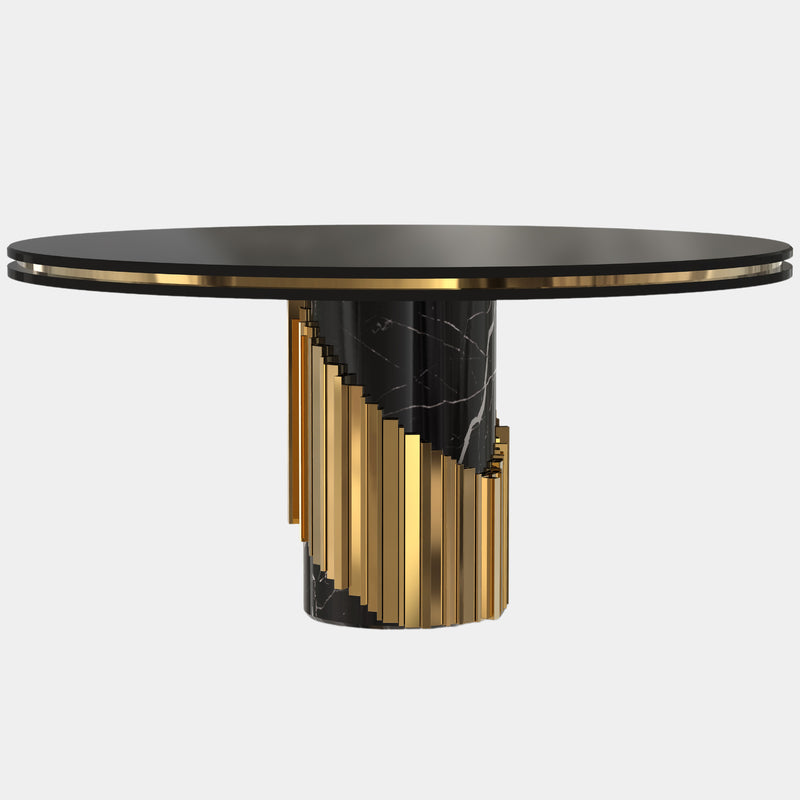 Polished Brass, Black Lacquer, Marble Nero Marquina Round Dining Table
