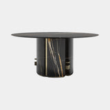 Round Marble Oriol Dining Table with Metal Detailing: sahara Noir marble with polished brass insert