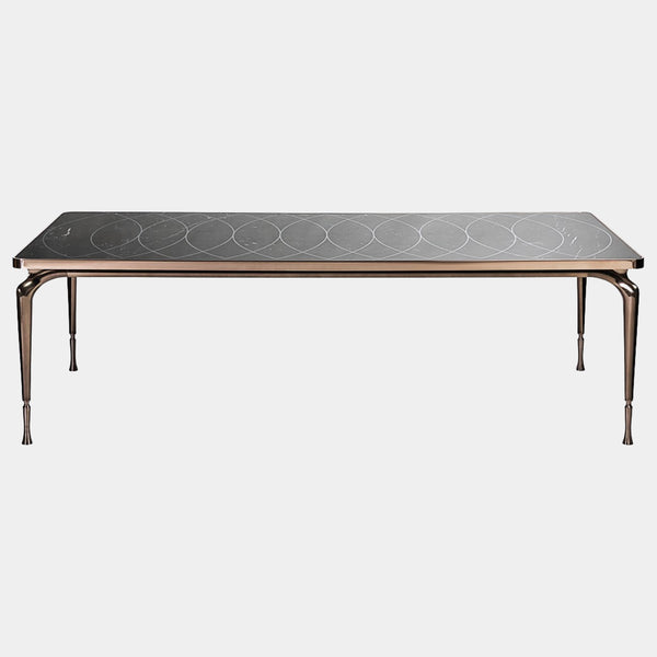Visionnaire Thule Dining Table: Modern luxury dining table with inlaid Marquina Black marble top and polished stainless steel base.