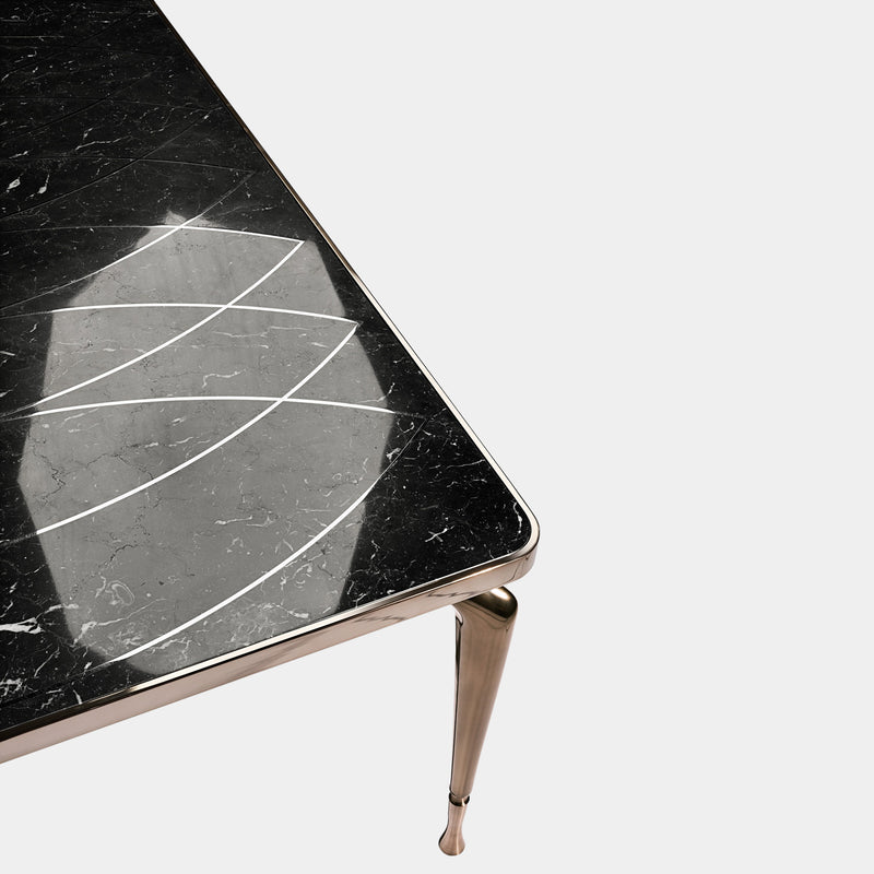 Modern Designer Dining Table: Visionnaire's Thule Dining Table. A centerpiece for the discerning host, featuring exquisite inlaid marble and a customisable metal base.