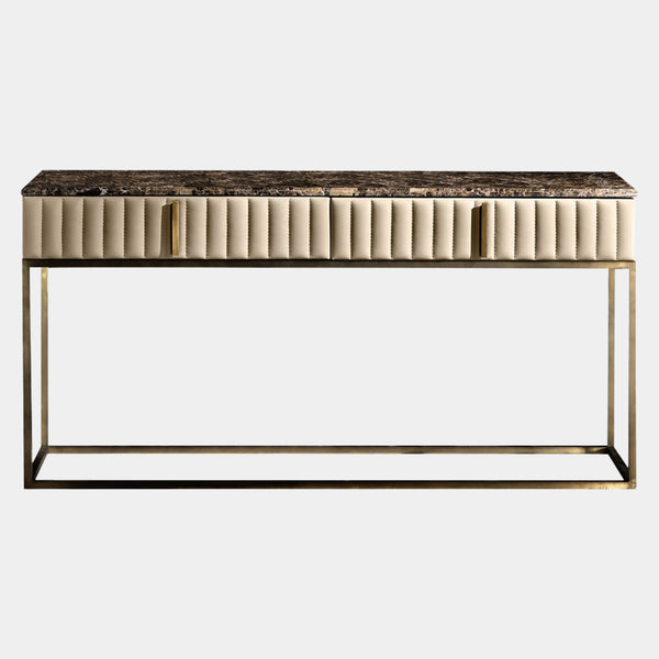 Touched D Burnished Brass, Leather & Marble Top Console Table with Drawers
