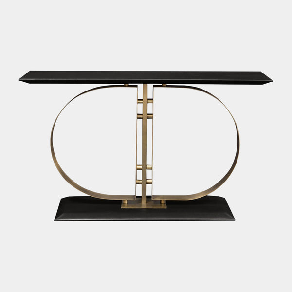 Touched D Curve Burnished Brass & Lacquered Smoke Wooden Top Console Table