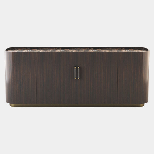 Touched D Curved Canaletto Walnut, Marble Top & Brass Sideboard