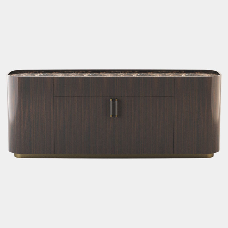 Touched D Curved Canaletto Walnut, Marble Top & Brass Sideboard