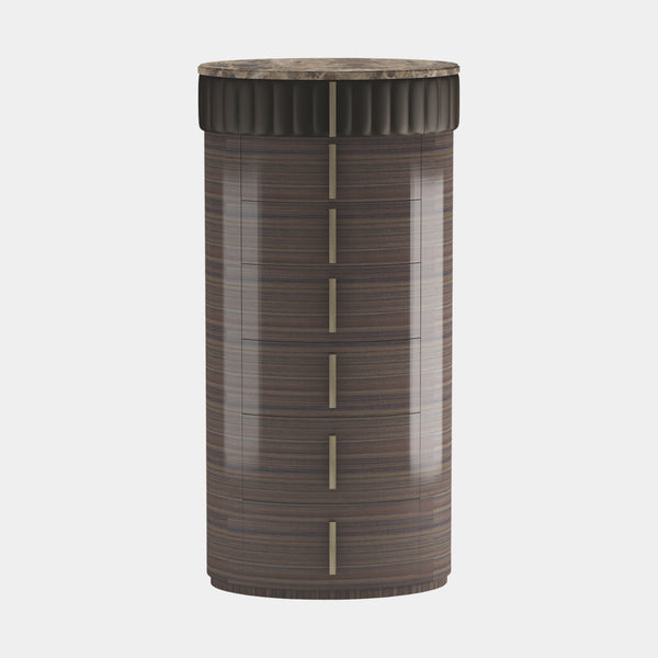 Touched D Curved Gloss Canaletto, Marble, Brass & Leather 7 Drawer Tallboy