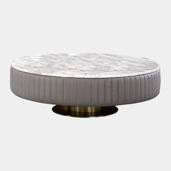 Touched D Gold Brass, Leather & Marble Top Round Coffee Table