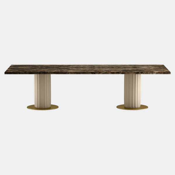 Touched D Pillar Leather & Emperador Marble Rectangular Dining Table