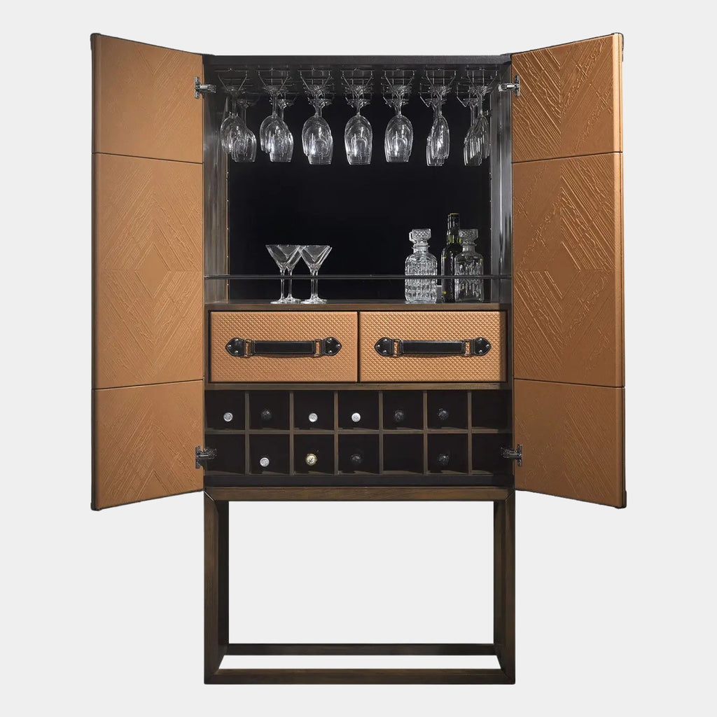 Traveler Leather Walnut Cocktail High Cabinet Touched Interiors